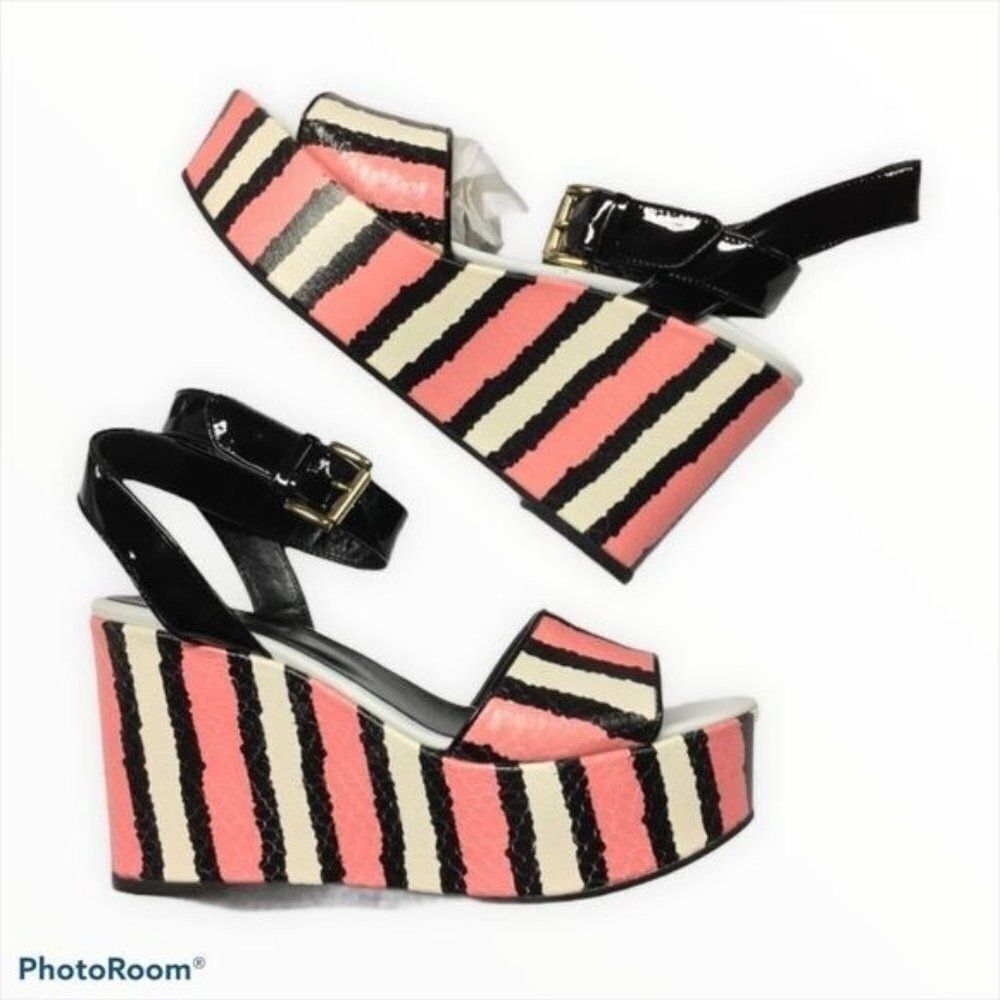 JUST CAVALLI Roberto Cavalli Striped Leather Wedge Platform Sandal Size 41